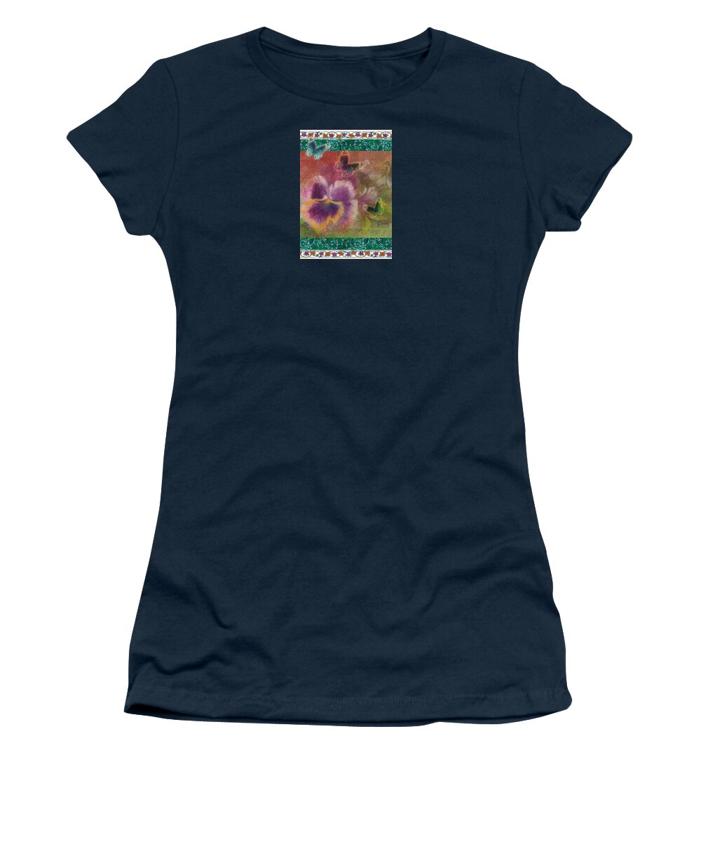 Illustrated Pansy Women's T-Shirt featuring the painting Pansy Butterfly Asianesque border by Judith Cheng