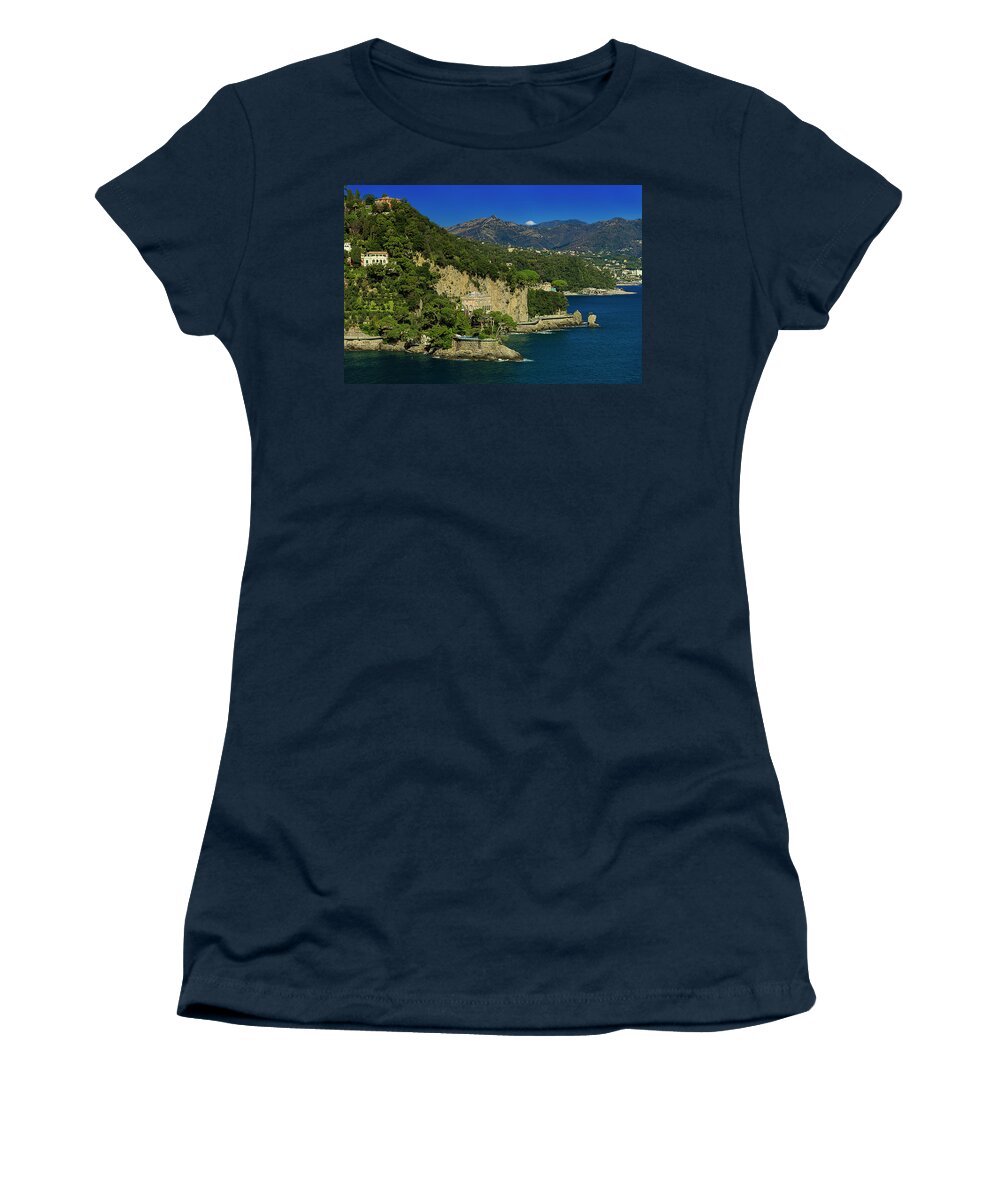 Costa Women's T-Shirt featuring the photograph PARAGGI BAY CASTLE AND LIGURIA MOUNTAINS Portofino Park BONOMI BERLUSCONI CASTLE by Enrico Pelos