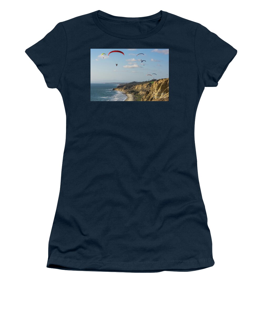 Beach Women's T-Shirt featuring the photograph Paragliders at Torrey Pines Gliderport Over Black's Beach by David Levin