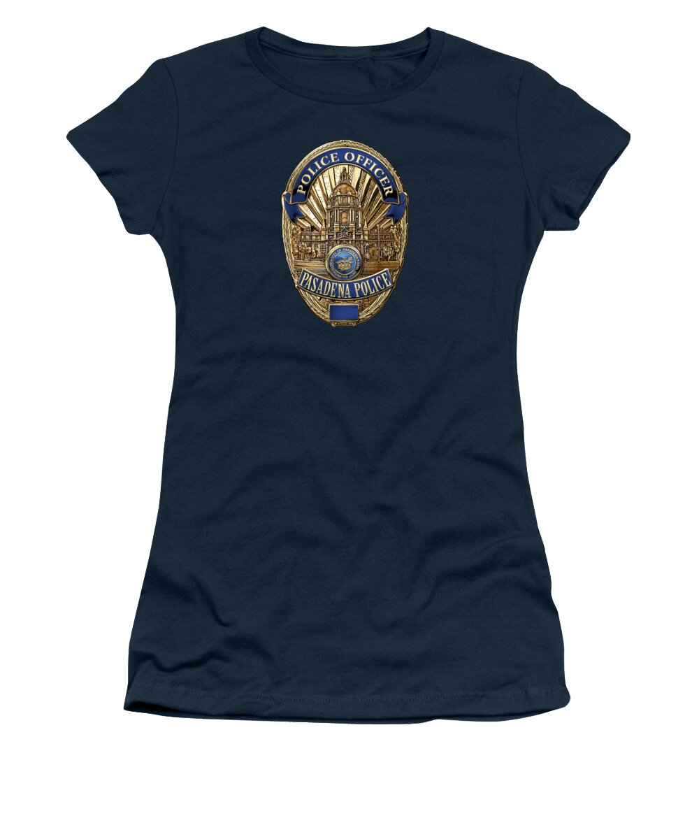  ‘law Enforcement Insignia & Heraldry’ Collection By Serge Averbukh Women's T-Shirt featuring the digital art Pasadena Police Department - P P D Officer Badge over Blue Velvet by Serge Averbukh
