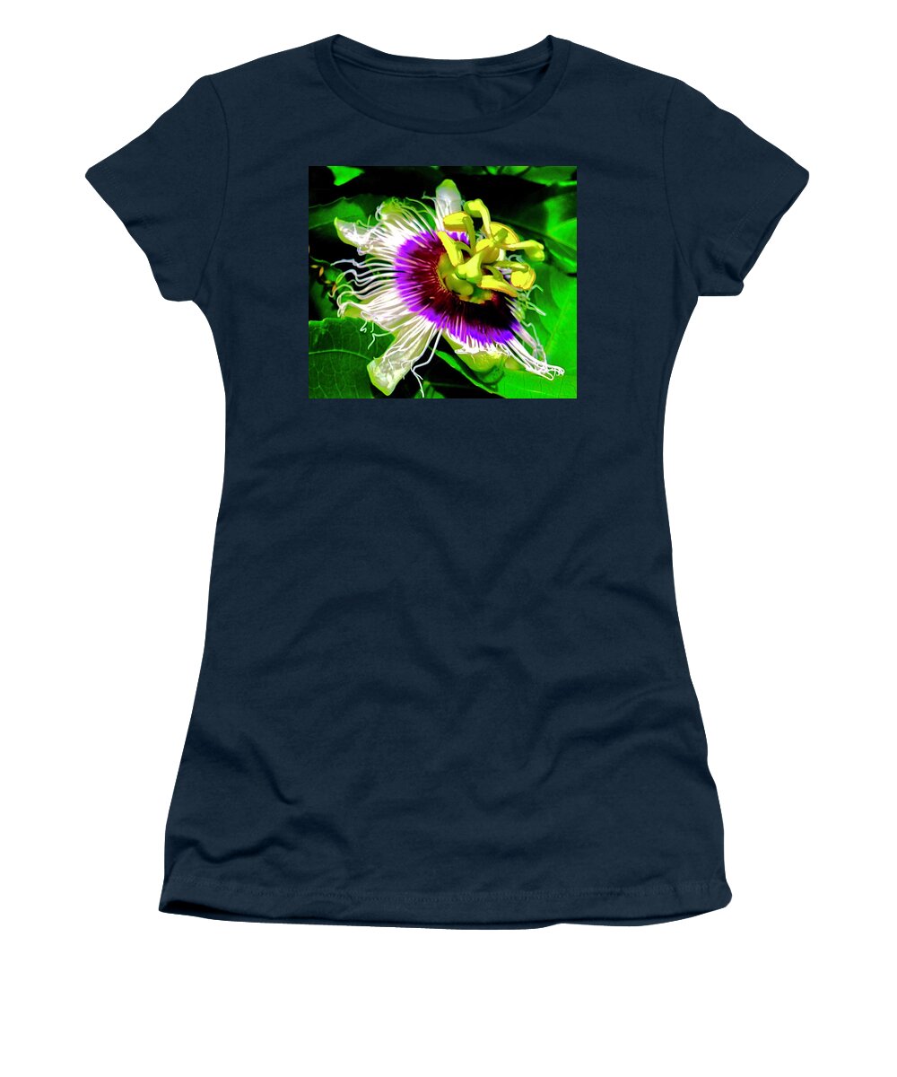 Passion Flower 3 Uplift Purple Radiating Women's T-Shirt featuring the photograph Passion Flower 3 Uplift by Joalene Young
