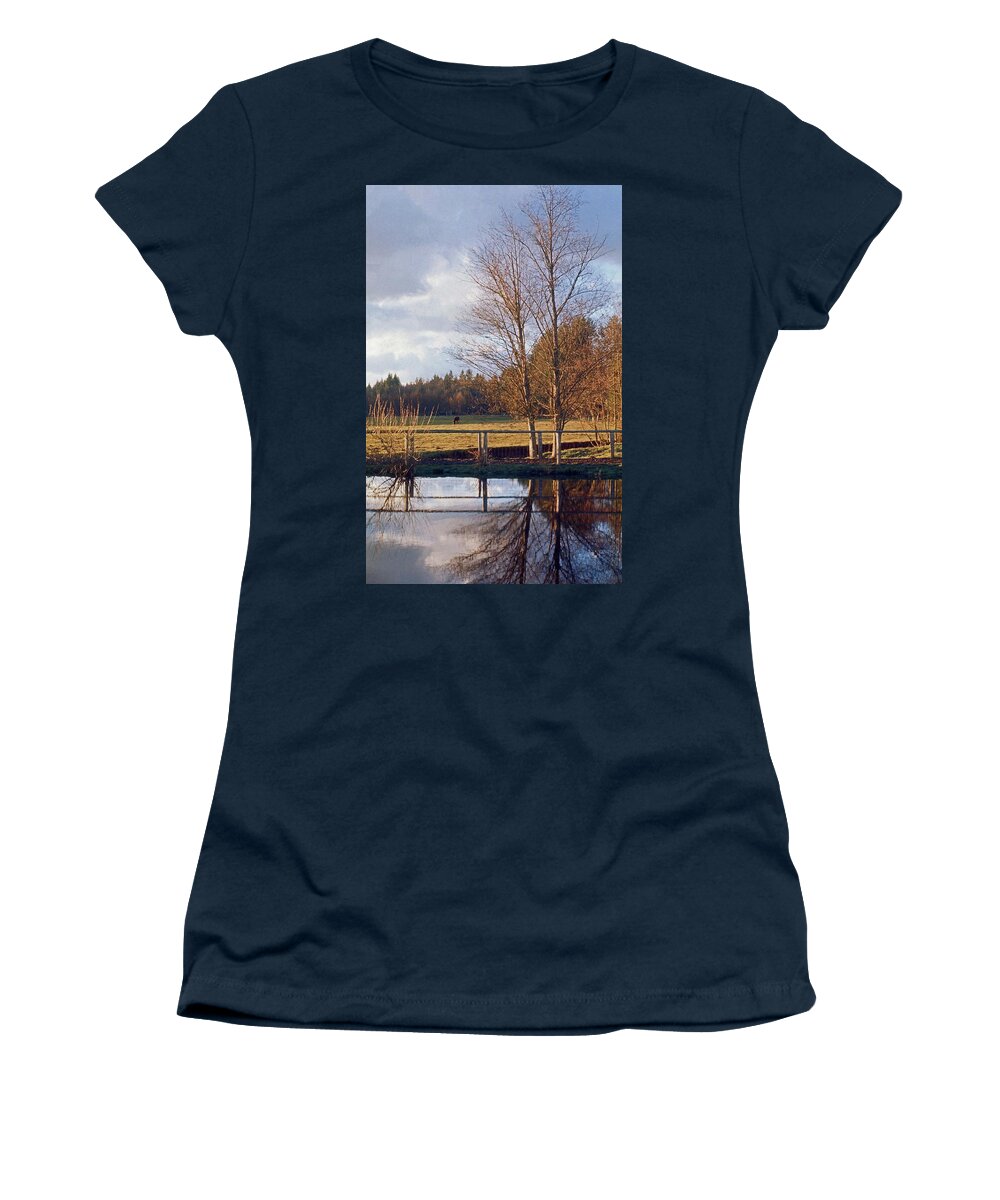 Pond Water Reflection Women's T-Shirt featuring the photograph Pasture Pond by Laurie Stewart