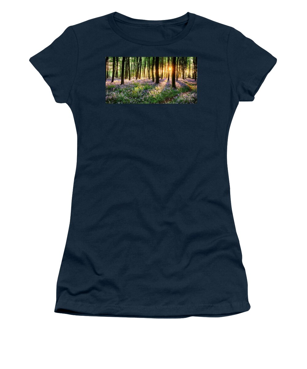 Flower Women's T-Shirt featuring the photograph English bluebell woodland path by Simon Bratt