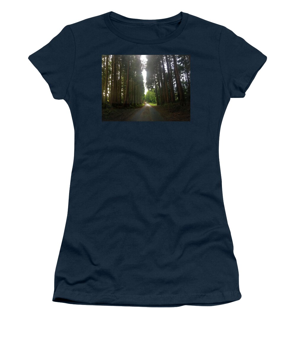 Kelly Hazel Women's T-Shirt featuring the photograph Path Through the Woods by Kelly Hazel
