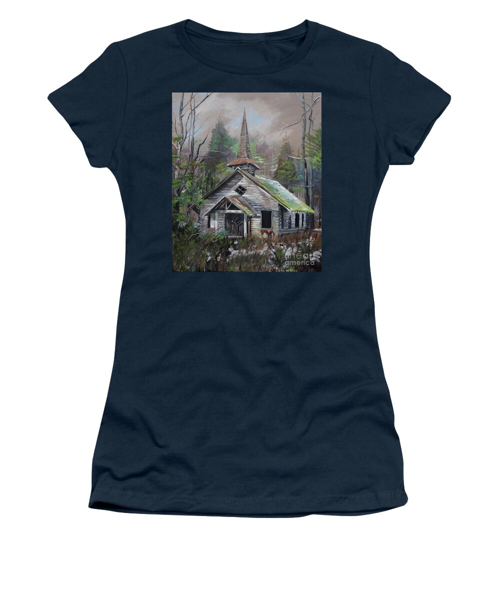 Church Women's T-Shirt featuring the painting Patiently Waiting - Church Abandoned by Jan Dappen