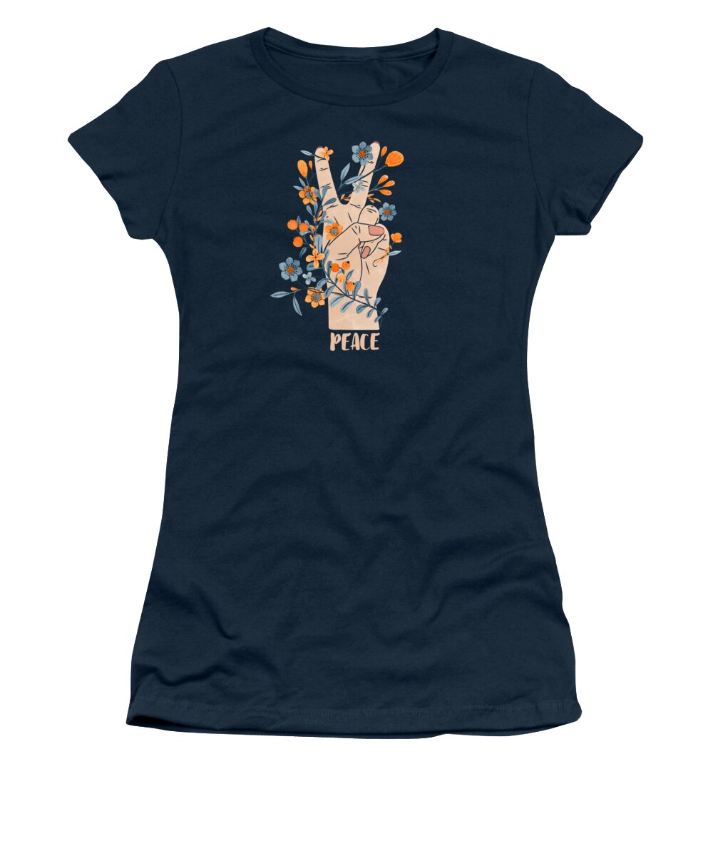 Peace Women's T-Shirt featuring the painting Peace Sign With Orange Flowers, Blue Flowers And Vines by Little Bunny Sunshine