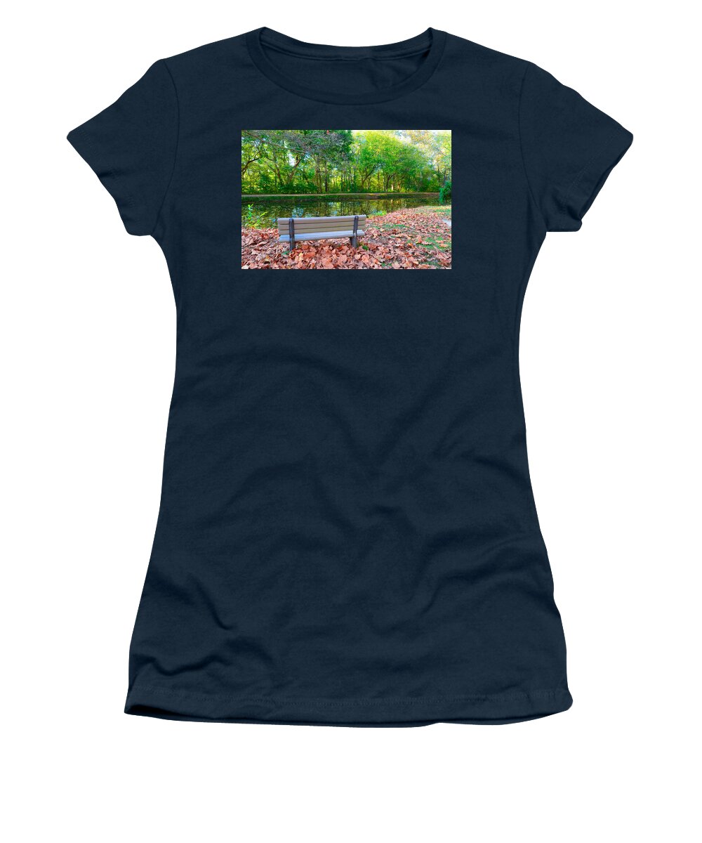 C&o Women's T-Shirt featuring the photograph Peaceful Bench on C and O Canal by Jeff at JSJ Photography