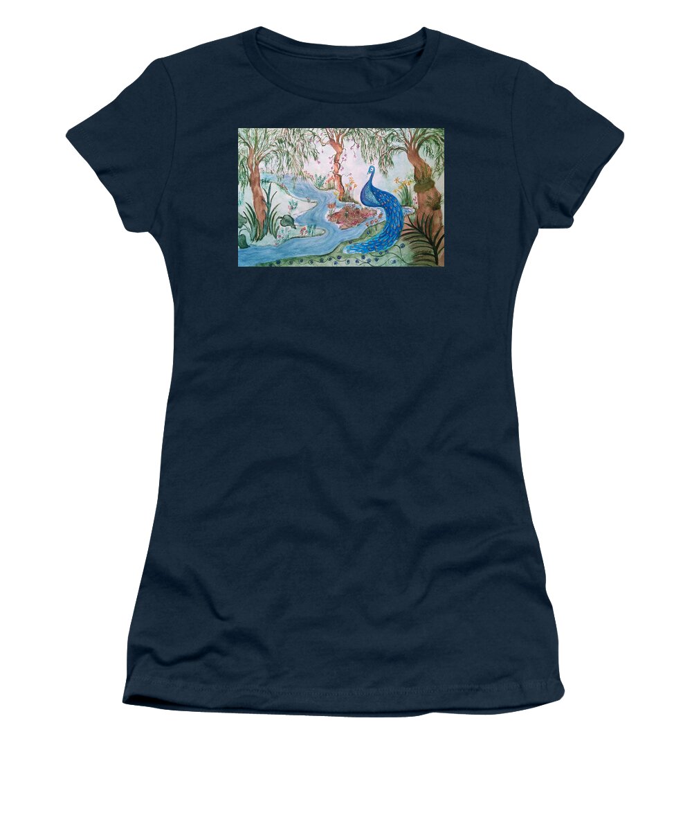  Whimsical Women's T-Shirt featuring the painting Peacock Fantasy by Susan Nielsen