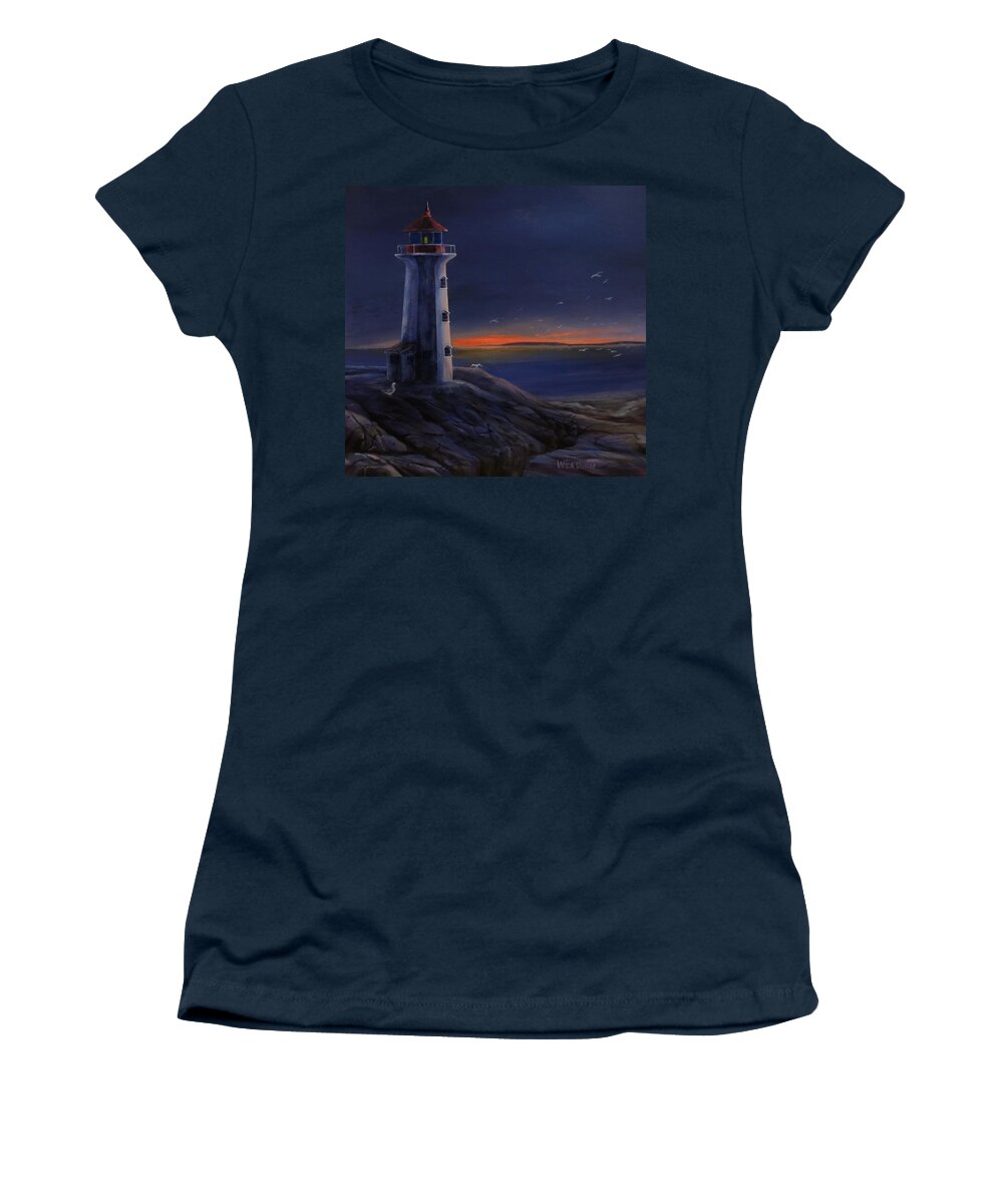 Seascape Women's T-Shirt featuring the painting Peggy's Cove Lighthouse by Wayne Enslow