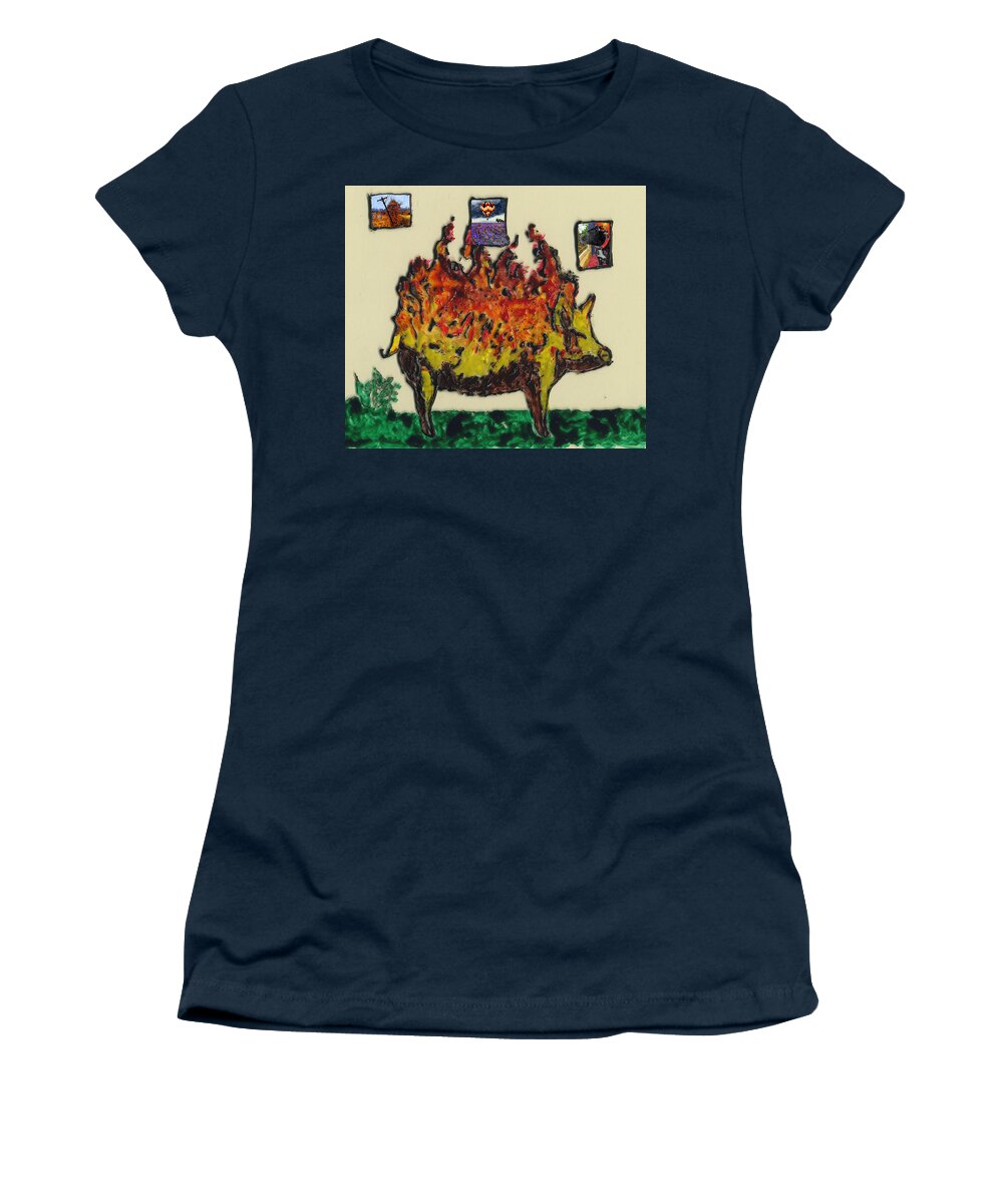 Pig Women's T-Shirt featuring the painting Pig Ablaze by Phil Strang