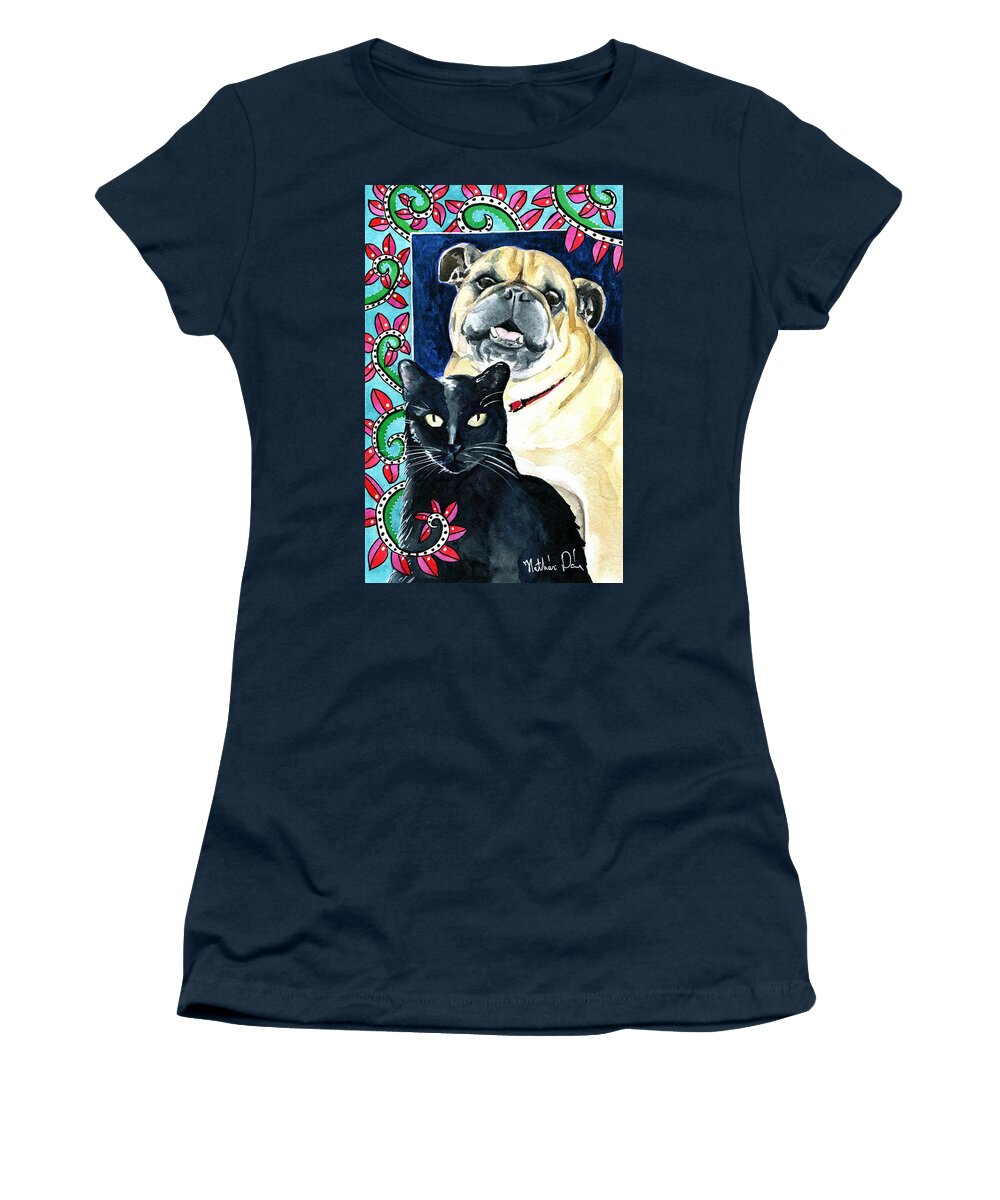 Cat Women's T-Shirt featuring the painting Piglet Likes Watermelon - Pet Portraits by Dora Hathazi Mendes