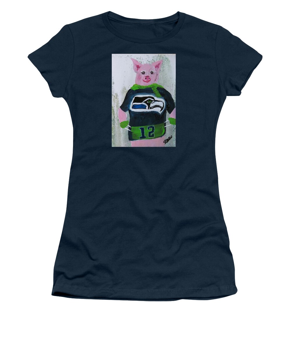 Seattle Seahawks Women's T-Shirt featuring the painting Piglets Day Out by Susan Voidets
