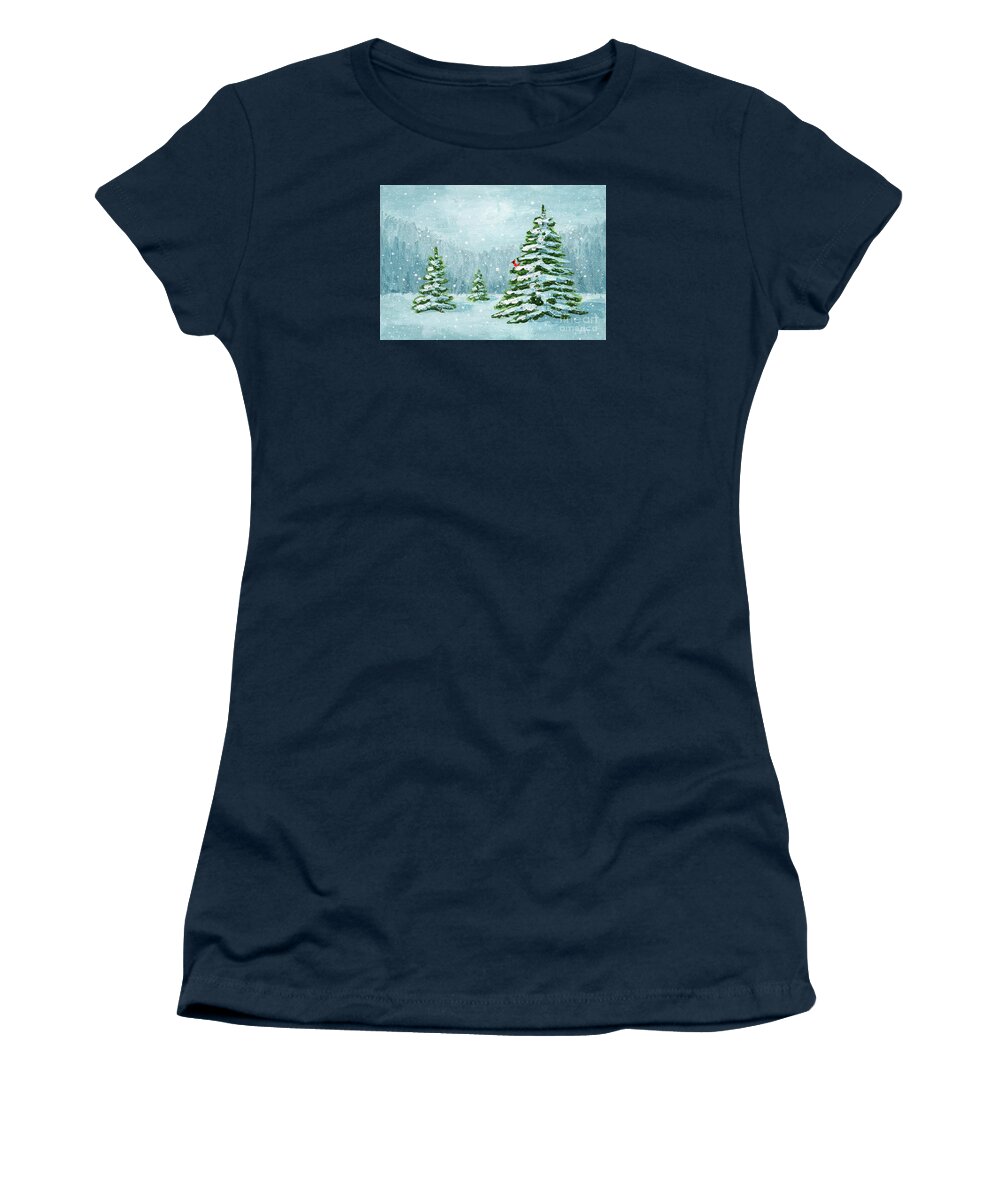 Pine Trees Women's T-Shirt featuring the painting Pines in the Snow by Annie Troe