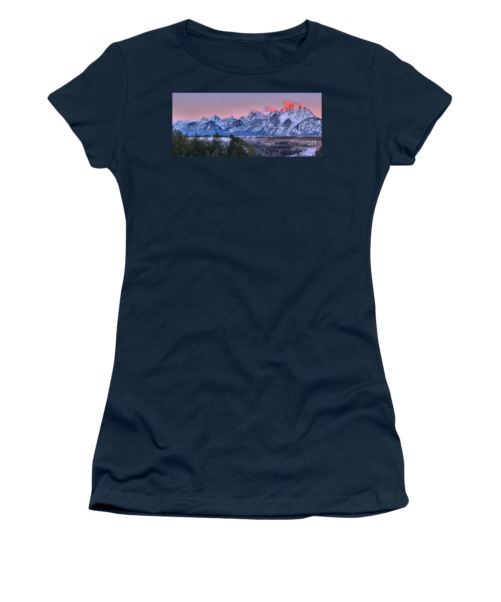 Snake River Overlook Women's T-Shirt featuring the photograph Pink Peaks Over The Snake River Overlook by Adam Jewell