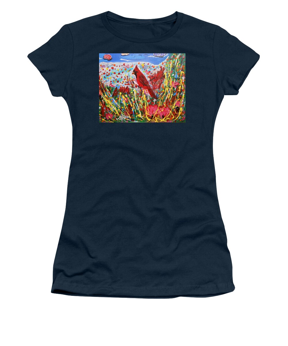 Abstract Women's T-Shirt featuring the painting Cardinal's Pink Tulip Flower Garden by GH FiLben