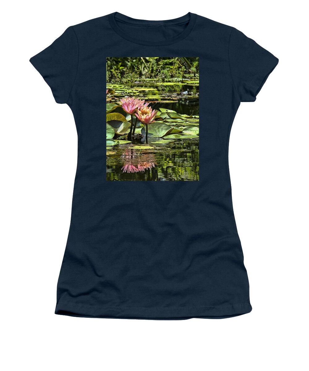 Water Women's T-Shirt featuring the photograph Pink Water Lily Reflections by Bill Barber