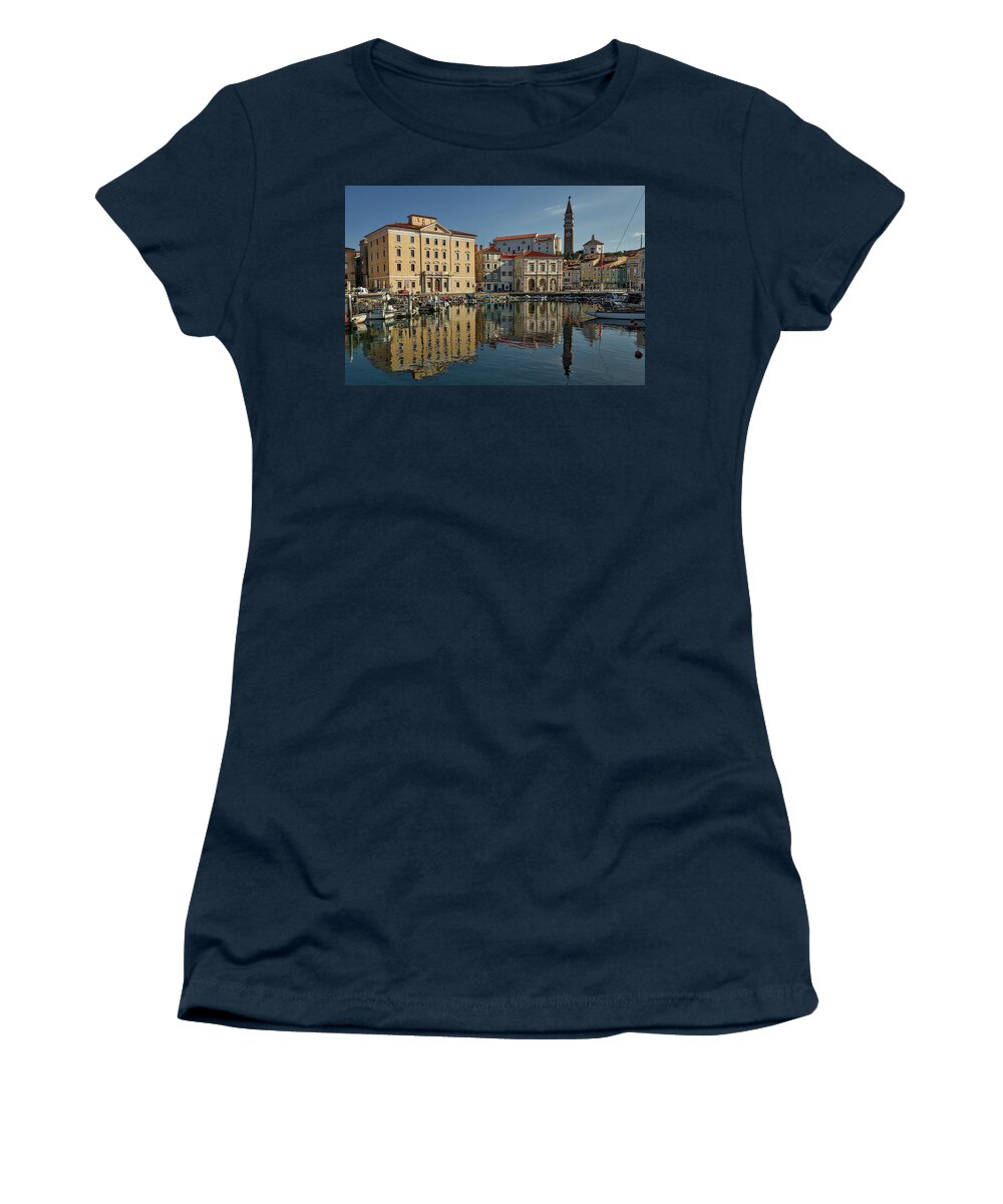 Piran Women's T-Shirt featuring the photograph Piran Marina Reflections #2 by Stuart Litoff