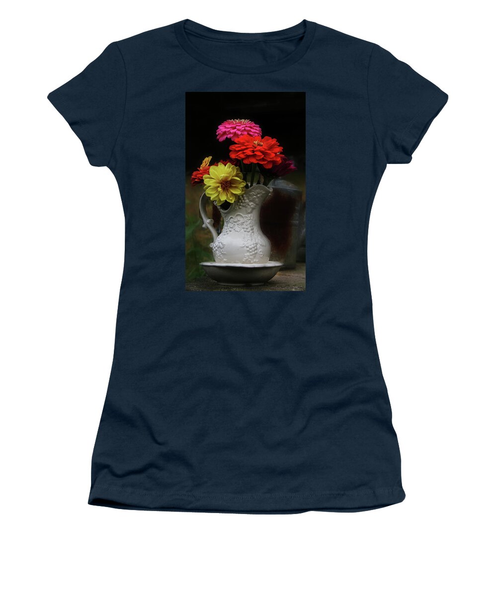 Pitcher Of Flowers Women's T-Shirt featuring the photograph Pitcher and Zinnias by Jeff Kurtz
