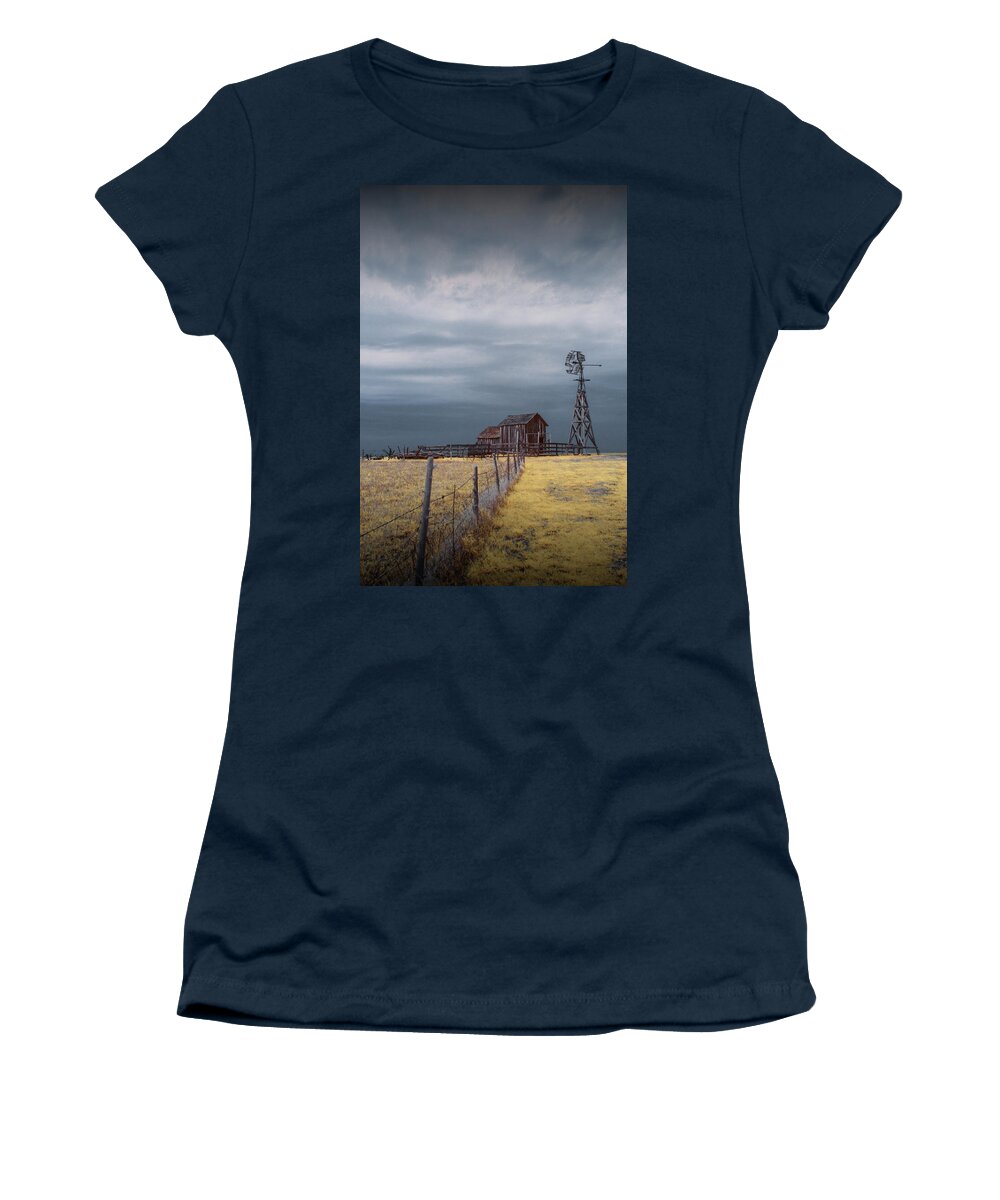 Art Women's T-Shirt featuring the photograph Plains Frontier Windmill and Barn at 1880's Town in Infrared by Randall Nyhof