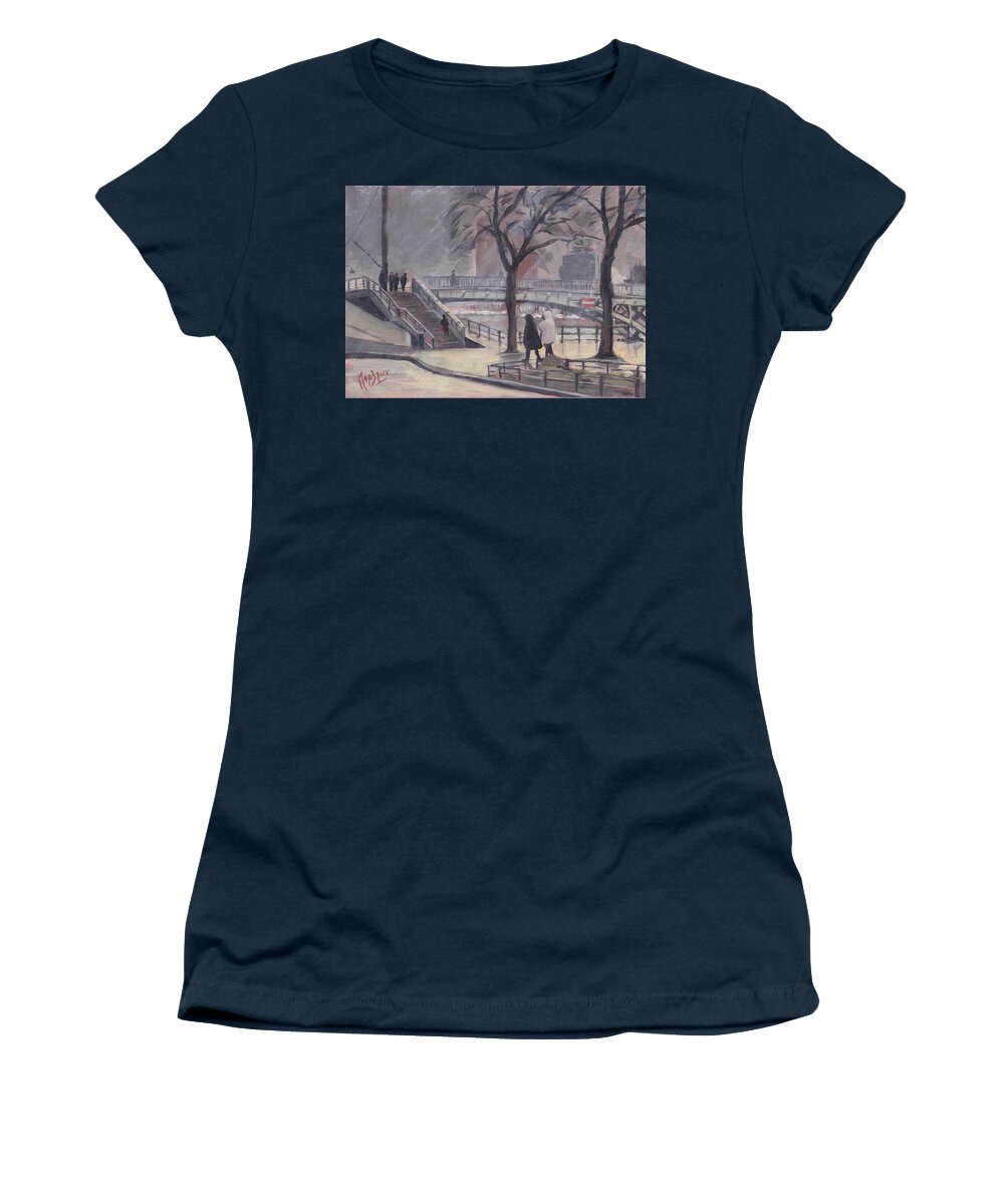 Liege Women's T-Shirt featuring the painting Pluie sur le Pont Passarelle Liege by Nop Briex