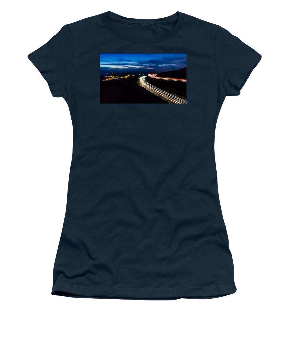 Lighthouse Women's T-Shirt featuring the photograph Point Vincente Light Trails by Ed Clark