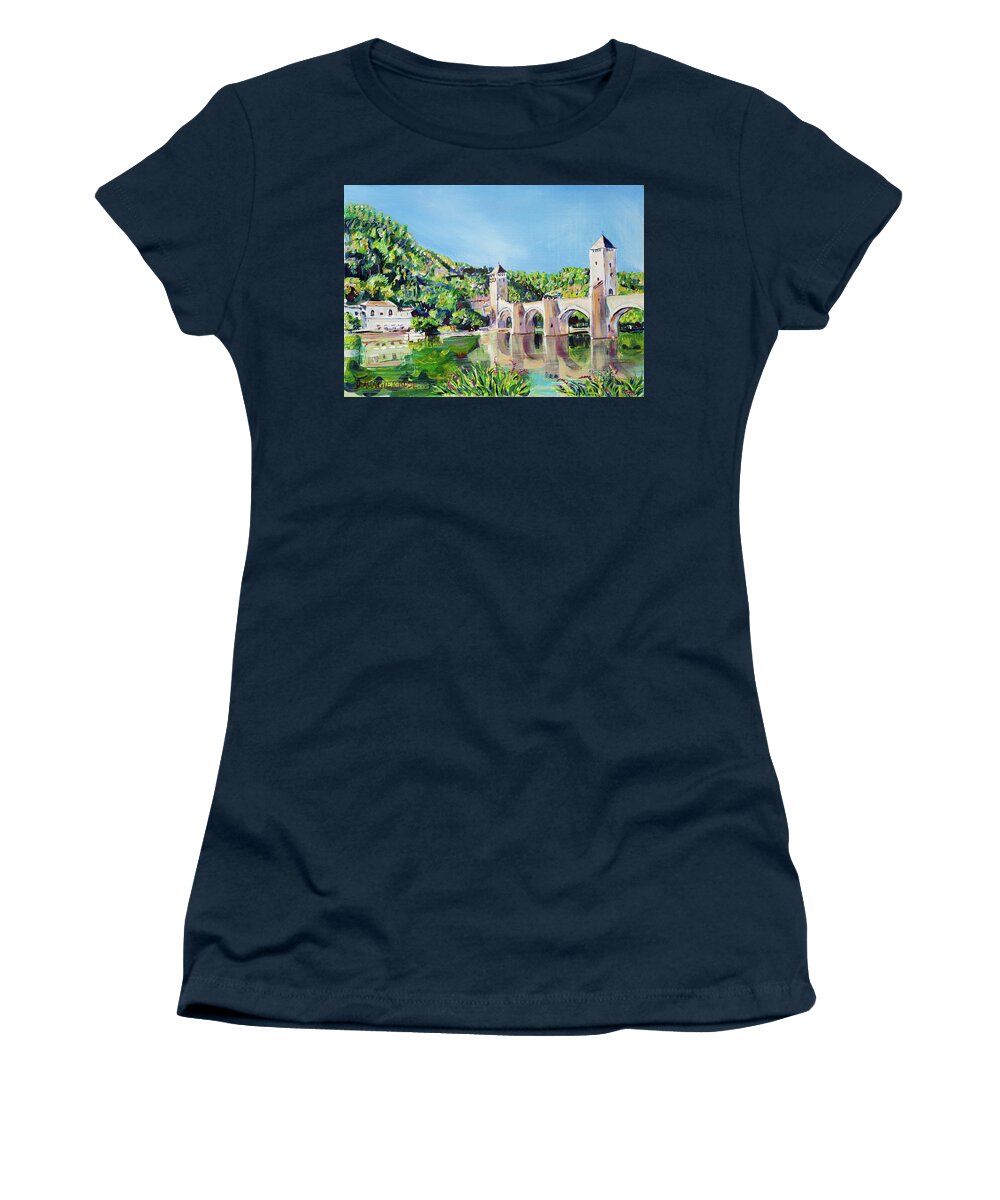 Acrylic Women's T-Shirt featuring the painting Pont Valentre Reflections by Seeables Visual Arts