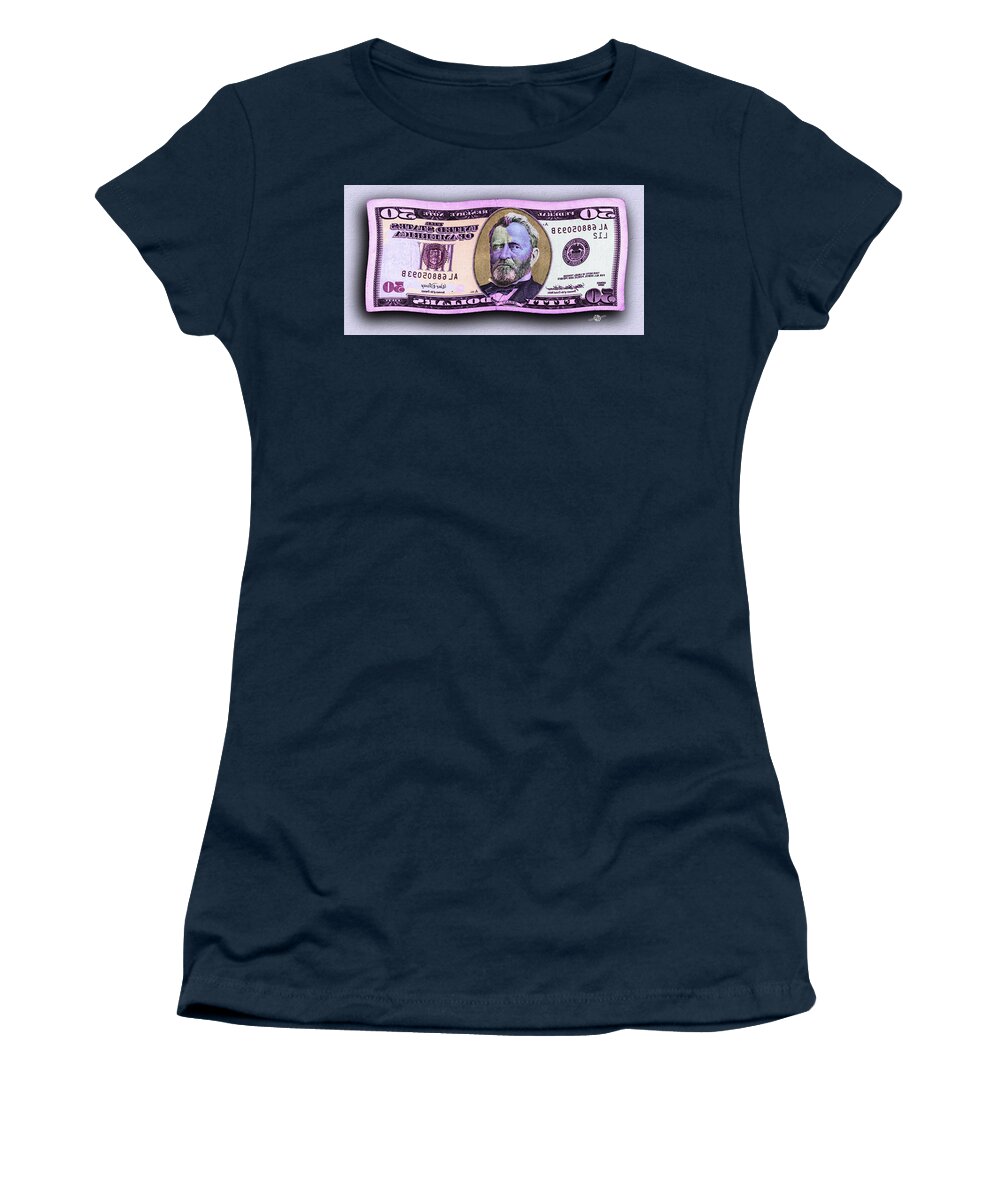 $50 Women's T-Shirt featuring the painting 50 Dollar Bill In The Wind Purple Pink Mirror Image Pop Art by Tony Rubino