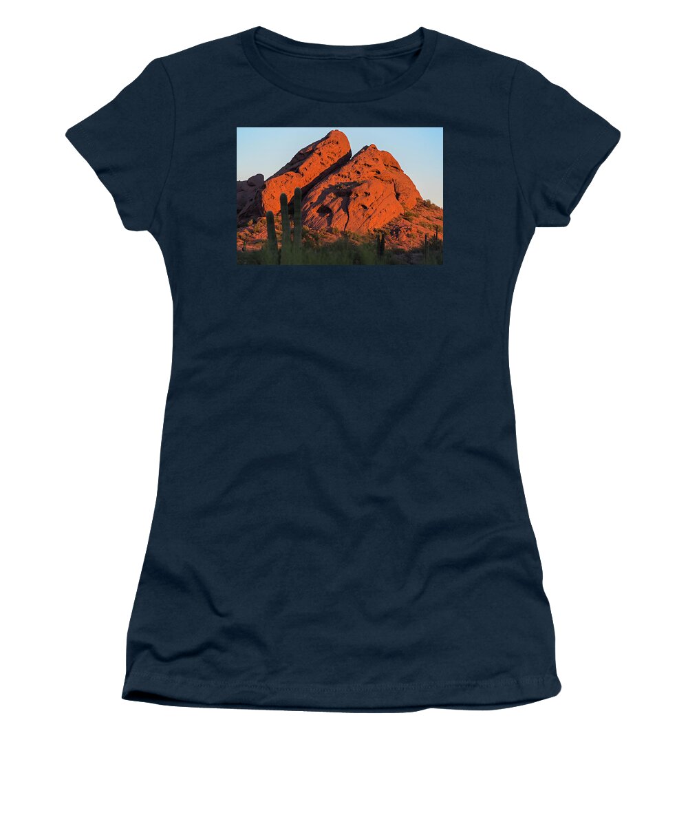 Papago Women's T-Shirt featuring the photograph Papago Park Mountain at Sunrise Phoenix AZ by Toby McGuire