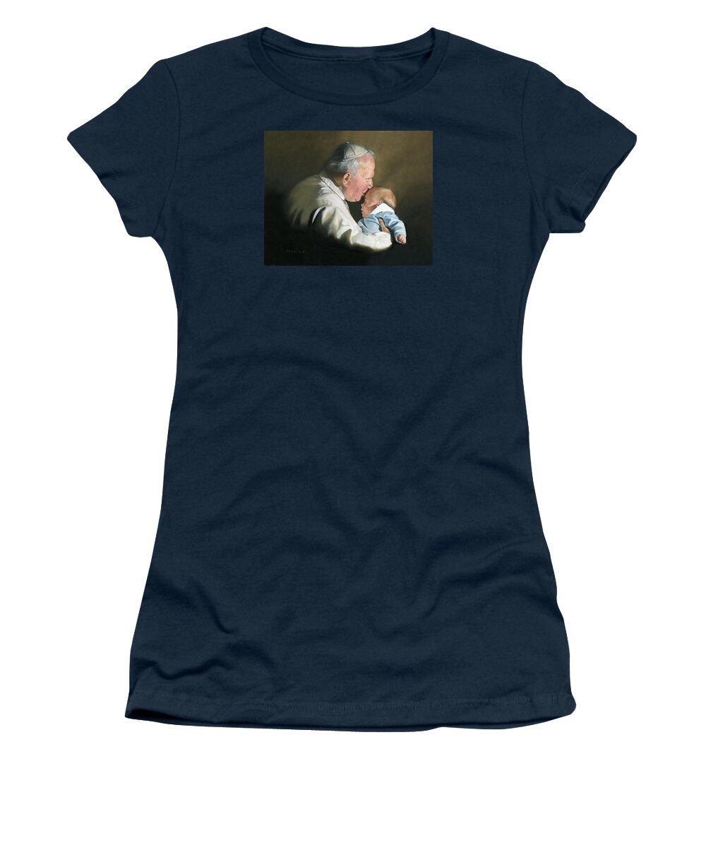 Pope John Paul Ii 2 Kissing Baby Baptizm Baptizing Baptist Baby Painting Pope Painting Cecilia Brendel Oil Painting Rome Italy Vatican Portrait Rembrandt Tiles Kiss Light Lighting Love Religious Catholic Christian Religion Women's T-Shirt featuring the painting Pope John Paul II with Baby by Cecilia Brendel