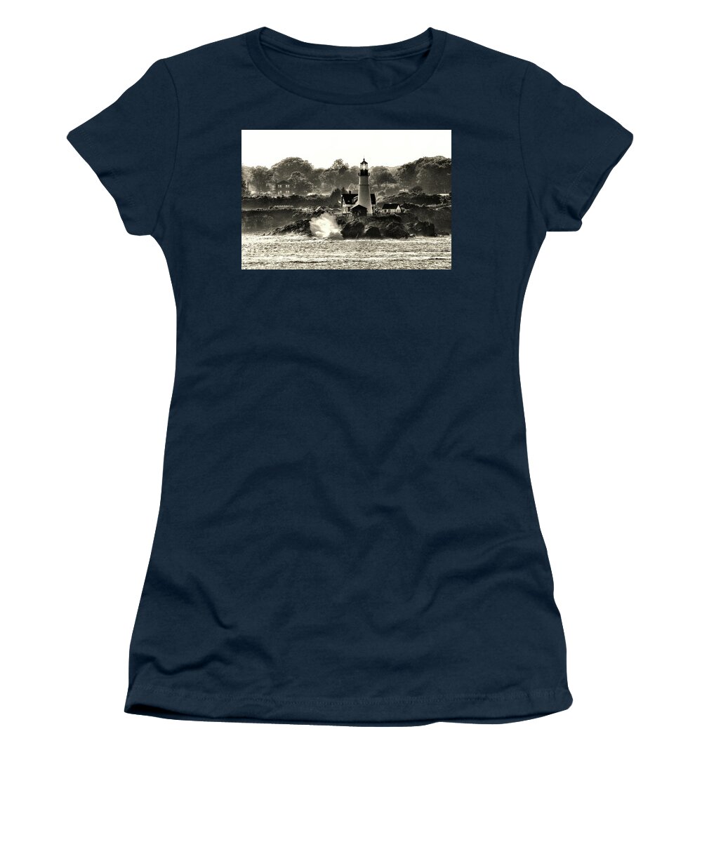 Portland Head Light Women's T-Shirt featuring the photograph Portland Head Light at Cape Elizabeth in Black and White by Bill Swartwout