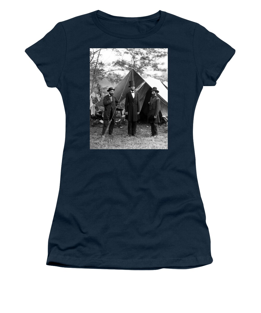 abraham Lincoln Women's T-Shirt featuring the photograph President Lincoln meets with Generals after victory at Antietam by International Images