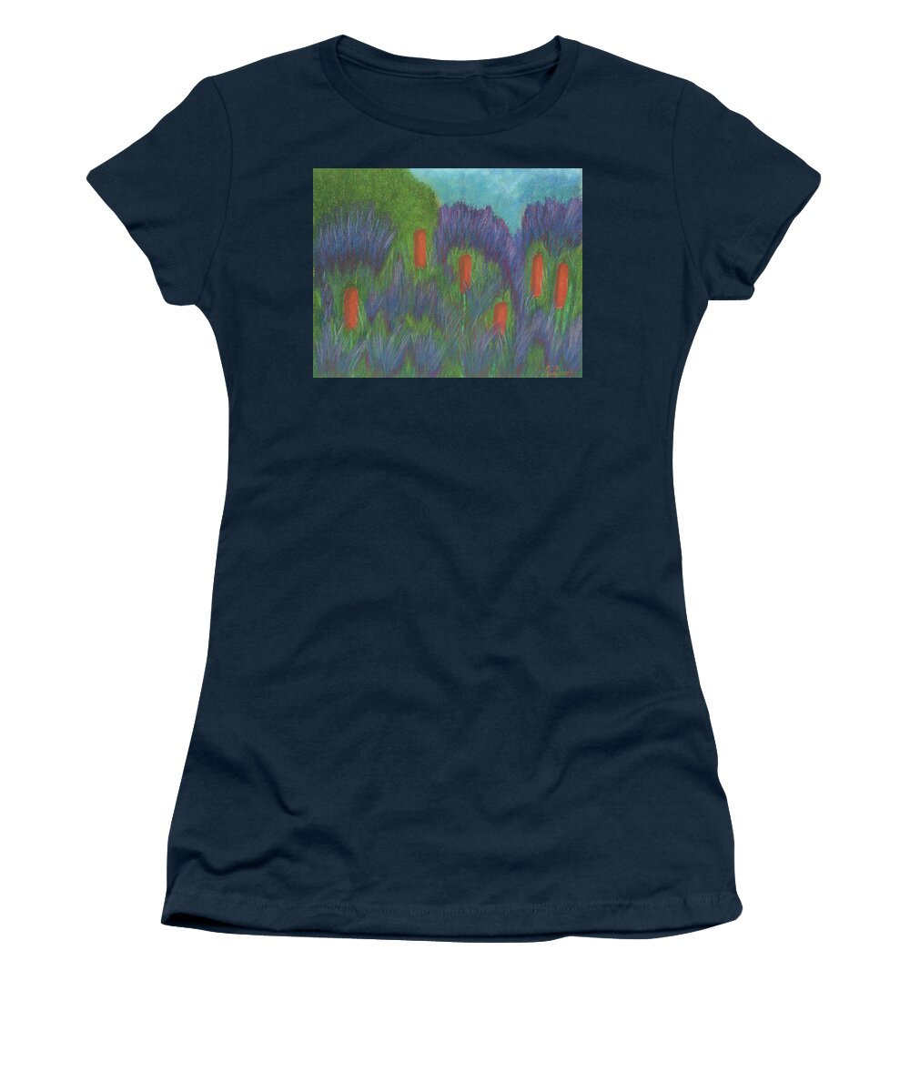 Marsh Women's T-Shirt featuring the pastel Purple Strife and Cattails by Anne Katzeff