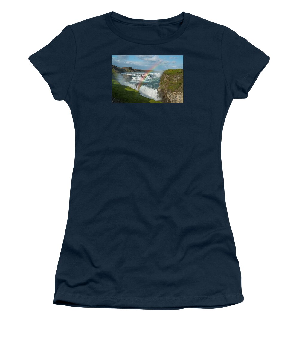 Golden Falls Women's T-Shirt featuring the photograph Rainbow at Gullfoss Iceland by Michael Ver Sprill
