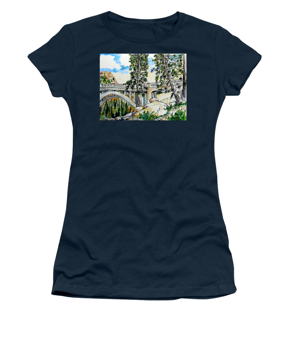 Bridges Women's T-Shirt featuring the painting Rainbow Bridge At Donner Summit by Terry Banderas