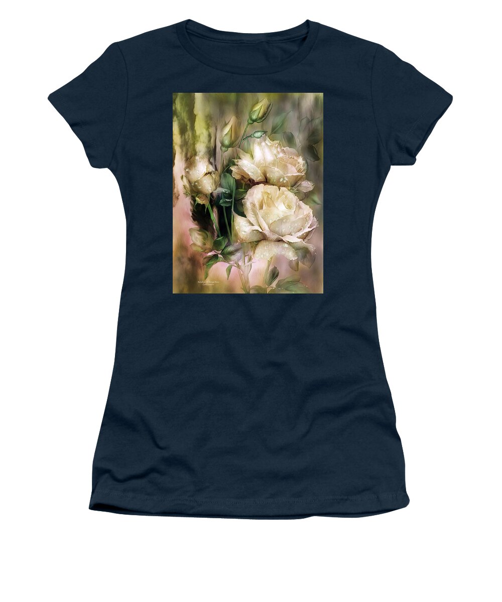 Rose Women's T-Shirt featuring the mixed media Raindrops On Antique White Roses by Carol Cavalaris