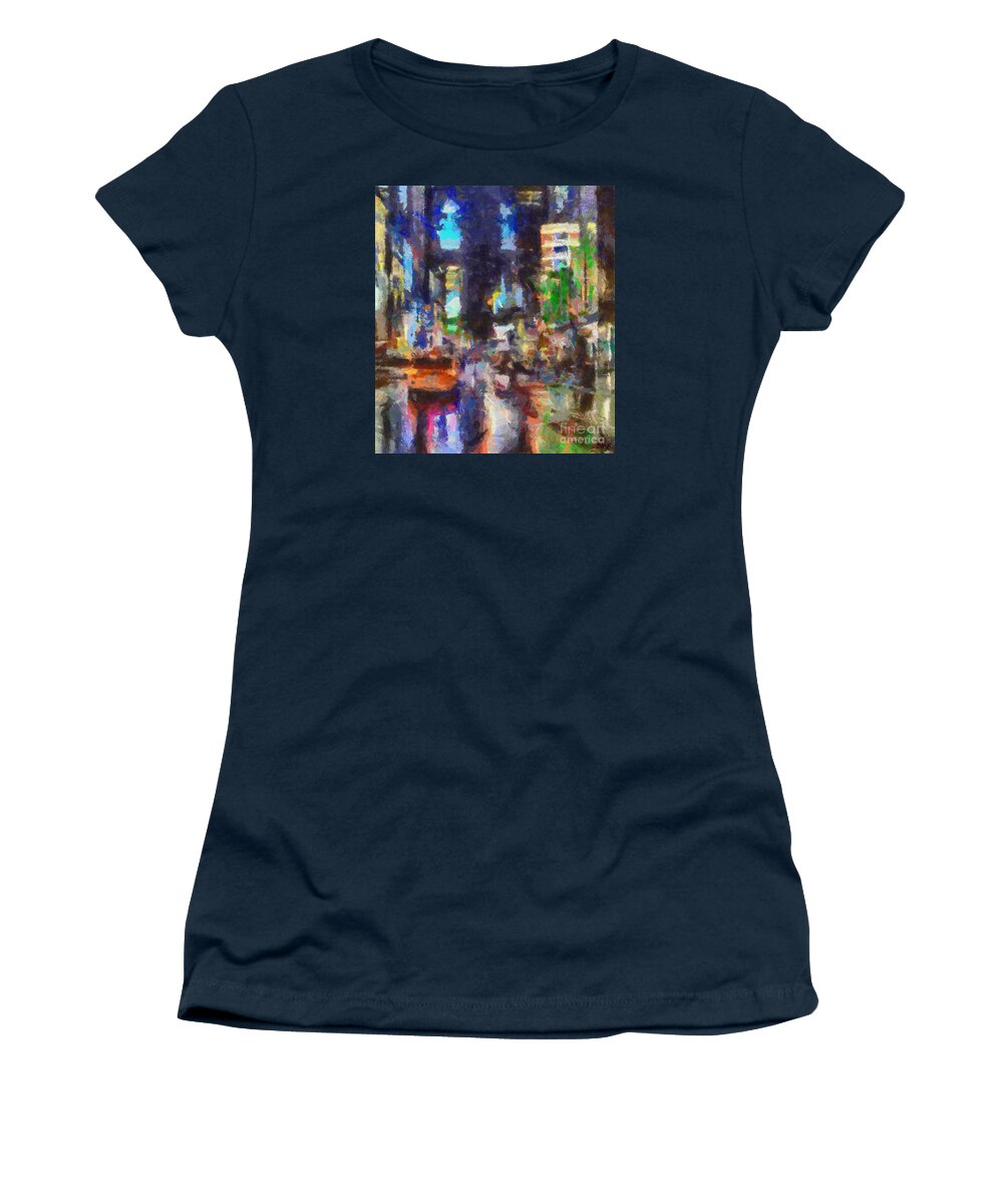 Street Scenes Women's T-Shirt featuring the painting Rainy Day In Times Square by Dragica Micki Fortuna