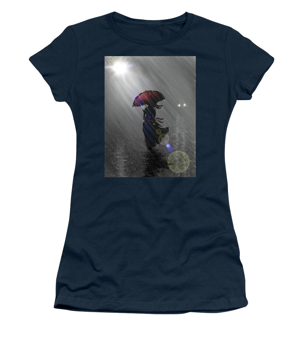 Umbrella Women's T-Shirt featuring the digital art Rainy walk by Darren Cannell