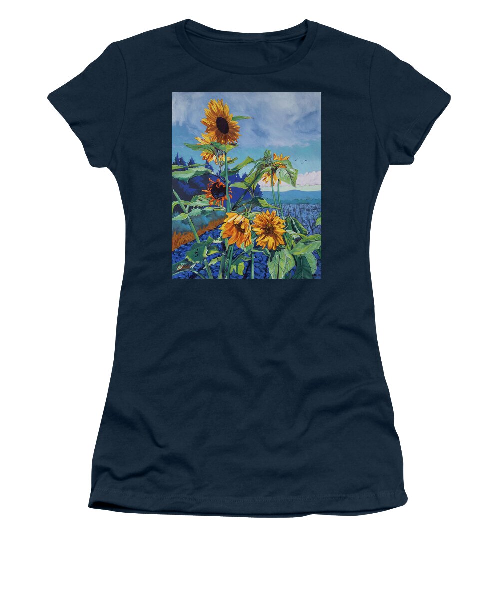 Painted Sunflowers 24x30 Oil On Canvas Women's T-Shirt featuring the painting Ray's Sunflowers by Rob Owen