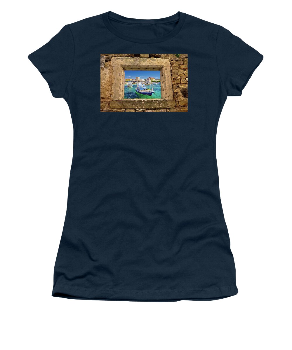 Razanac Women's T-Shirt featuring the photograph Razanac turquoise waterfront through stone window by Brch Photography