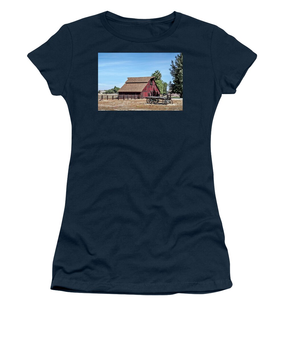 Barn Women's T-Shirt featuring the photograph Red Barn And Wagon by Gene Parks