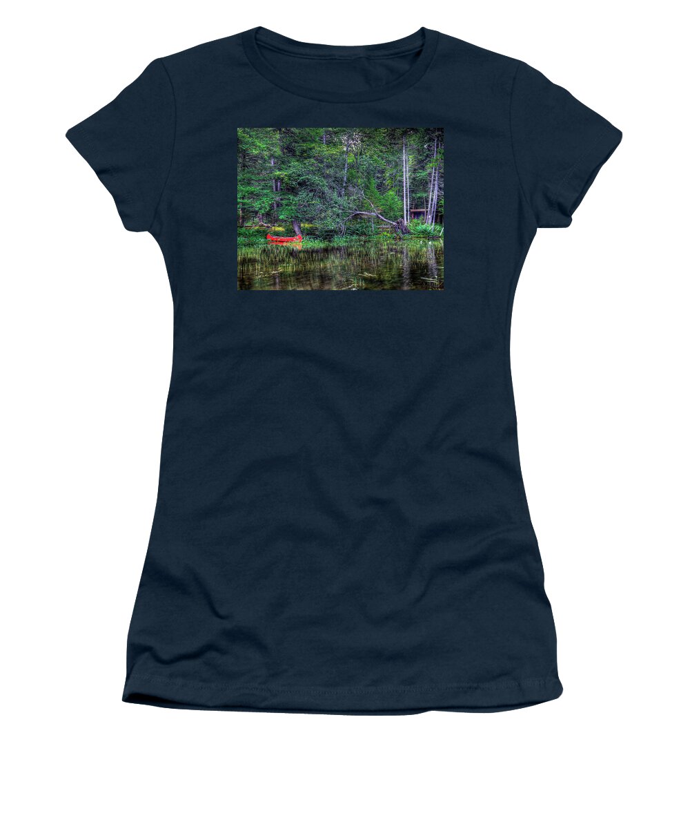 Red Canoe Among The Reeds Women's T-Shirt featuring the photograph Red Canoe Among the Reeds by David Patterson