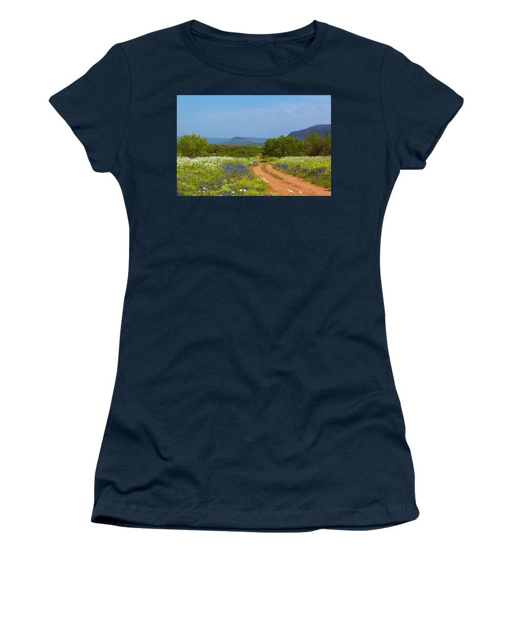Willow City Loop Women's T-Shirt featuring the photograph Red Dirt Road With Wild Flowers by Brian Kinney