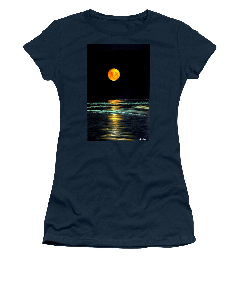 Moon Women's T-Shirt featuring the pastel Red Moon Rising by Antonia Citrino