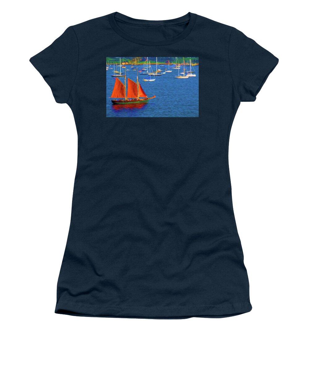 Red Women's T-Shirt featuring the photograph Red Sails at Newport Harbour 2 by Ginger Wakem