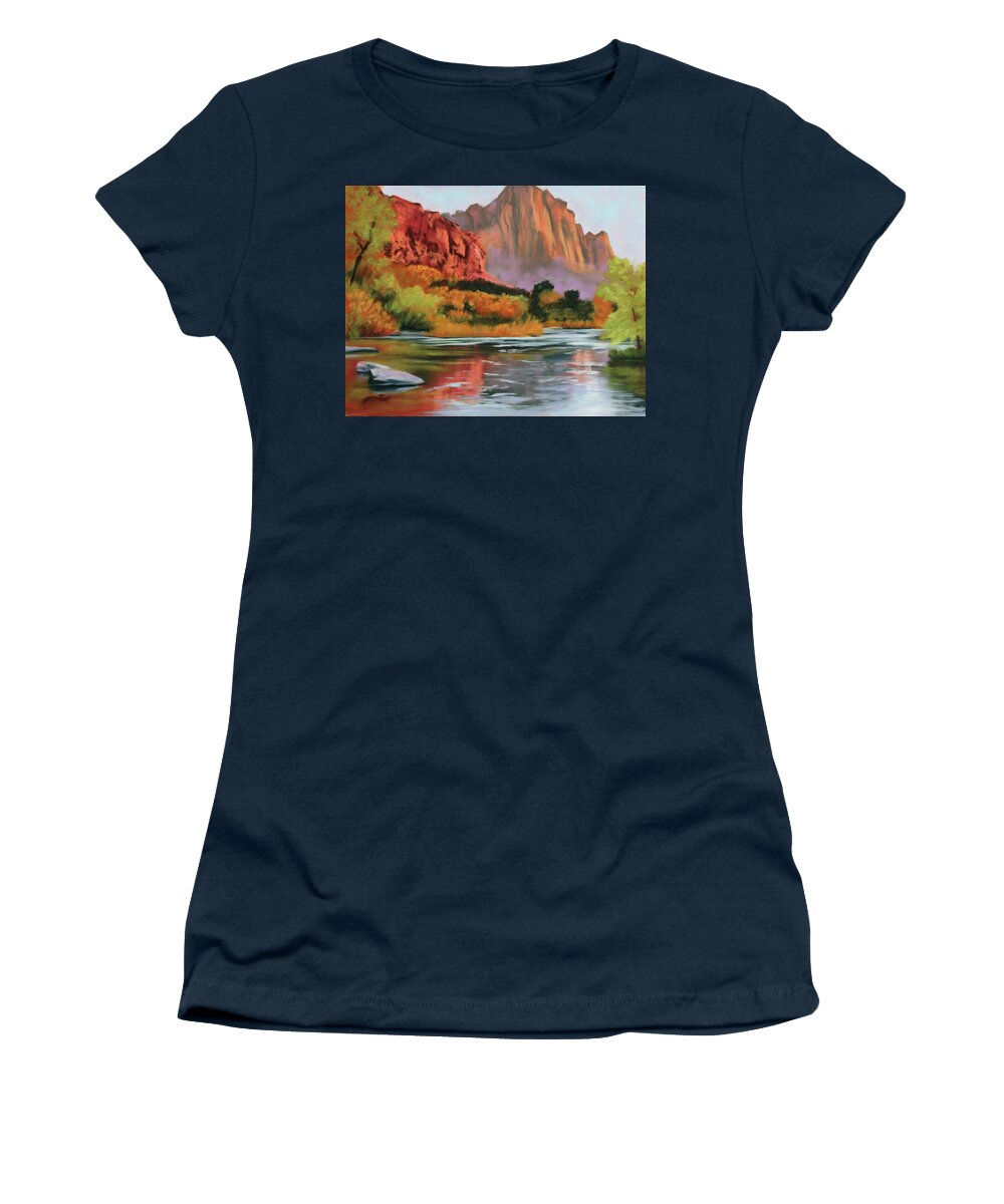 Landscape Women's T-Shirt featuring the painting Reflections of Morning by Sandi Snead