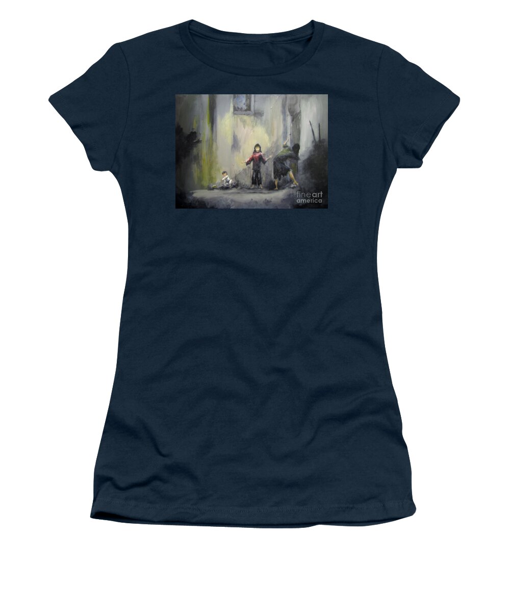 Syrian Refugees; Bombed Out Building; Isis Destruction Of People; Fear; Running From Isis Women's T-Shirt featuring the painting Refugees by Patricia Kanzler