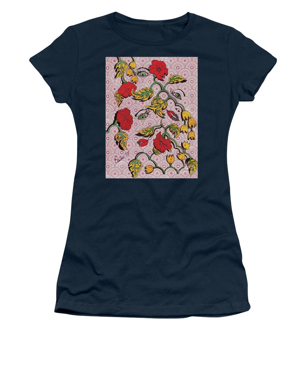 Red Flowers Women's T-Shirt featuring the drawing Repetition by Elaine Berger