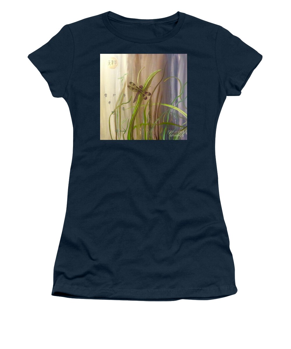 Symbolic Work Restoration Of Balance In Nature And Life Golden Brown Dragonfly Blades Of Grass Abstract Woods Symbolic Moon Chinese Characters Balance Harmony Peace Truth Love Clarity Beauty Nature Scene Dragonfly Paintings Acrylic Paintings Women's T-Shirt featuring the painting Restoration of the Balance in Nature by Kimberlee Baxter