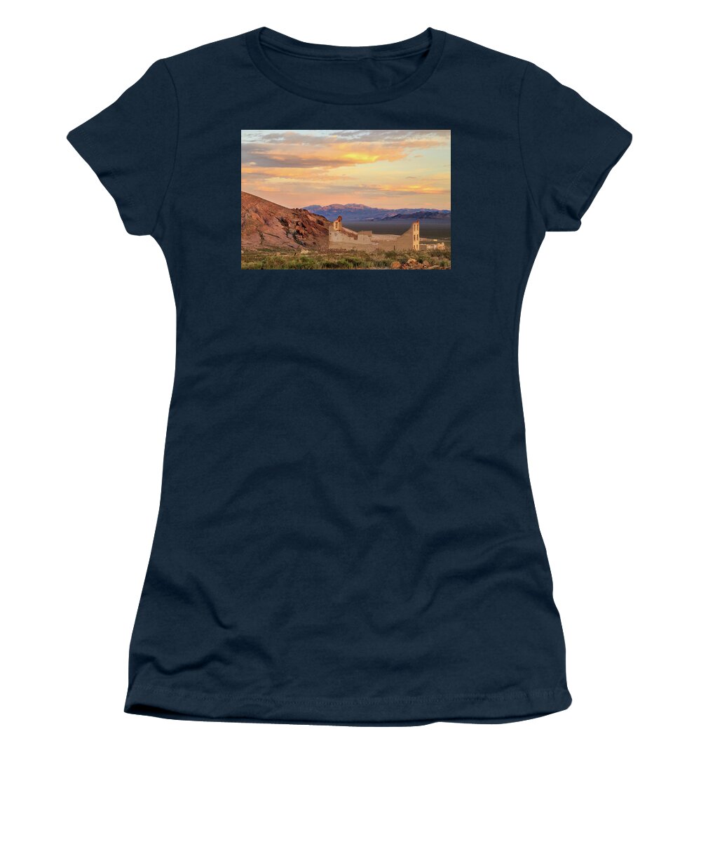Rhyolite Women's T-Shirt featuring the photograph Rhyolite Bank At Sunset by James Eddy