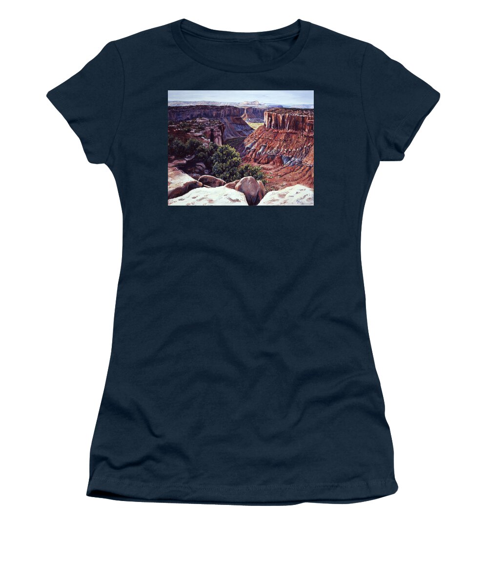 Landscape Women's T-Shirt featuring the painting Rimrocked No Way Down by Page Holland